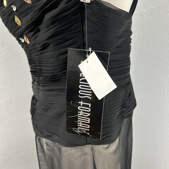 Precious Formals Dress Womens 6 Black One Shoulder Rhinestones Flowy Hoco - Picture 2 of 8
